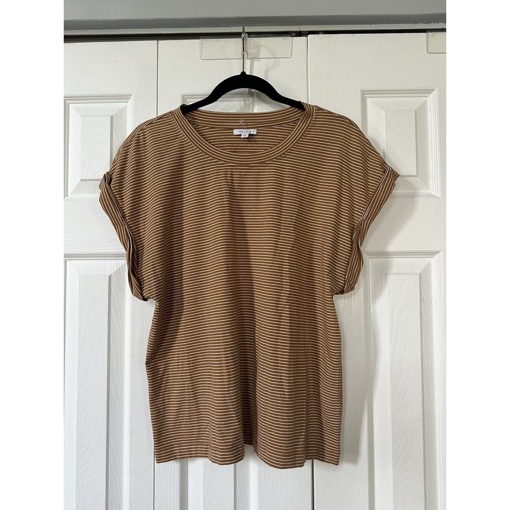 Pistola Olivia Women's Size XL Shirt Mustard Stripe Cap Sleeve Tee Stretch